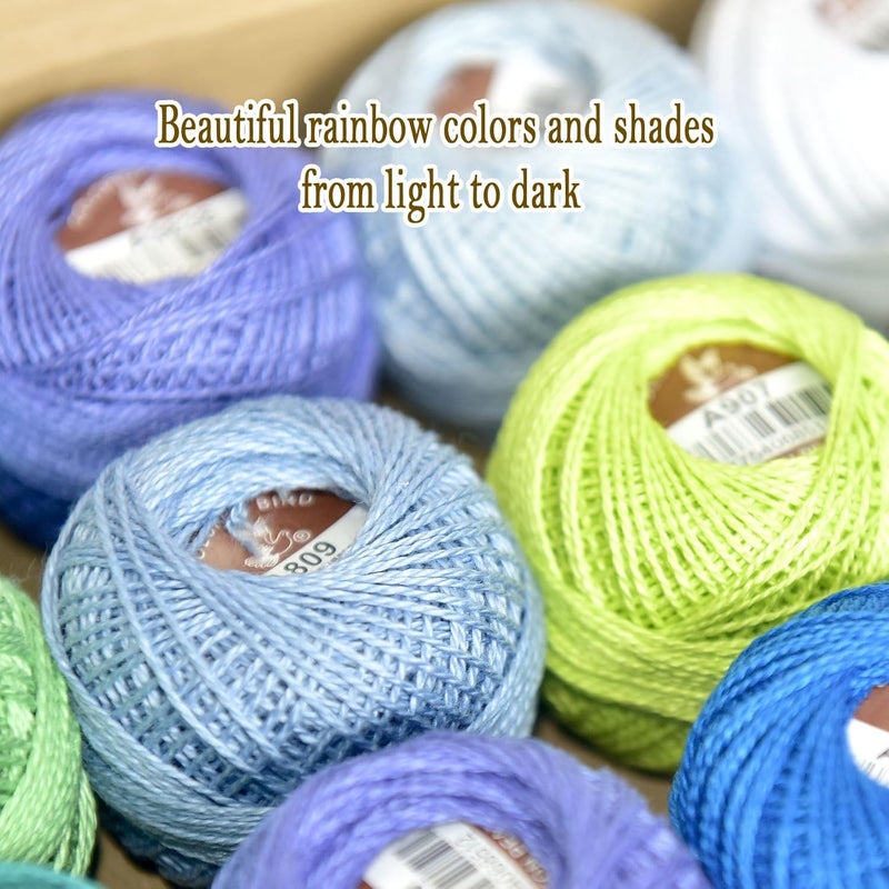colored bird Double Mercerized Egyptian Long Staple Cotton Pearl Thread Ball 10 Grams Rainbow Color Embroidery Thread 12 Colors per Box for Crochet Hardanger Cross Stitch Hand Embroidery,Bluegreen Series - Image 3